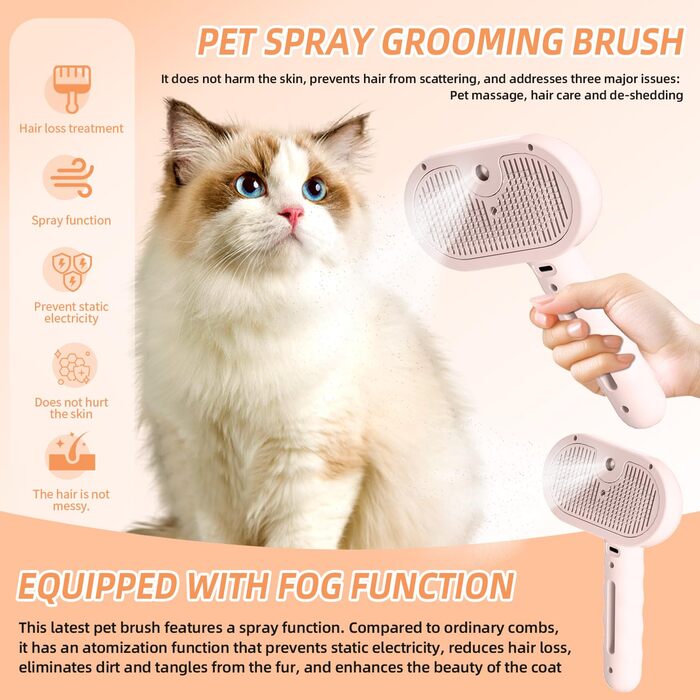 Щітка для котів RCIDOS зі спінером, багатофункціональна щітка-масажер для котів та собак, видаляє шерсть одним натисканням (рожева)