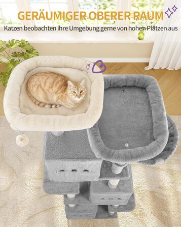 Великий котячий будиночок-кліматизатор, 193 см, XXL, 7 стовпчиків для дряпання, 3 будиночки, 2 платформи, 2 іграшкові кульки, кошик, мотузка для лазіння, багатоповерховий, сірий, MS19218LG