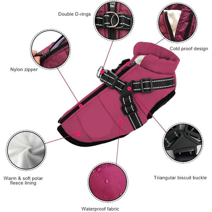 Водонепроникна зимова куртка для собак, велика (XXL), рожева, з інтегрованим повідком