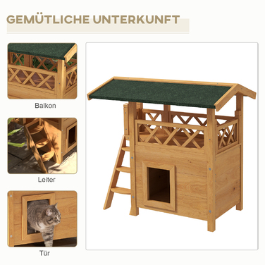 PawHut Cat House 2-поверховий з асфальтовим дахом і балконом, вілла для кішок з масиву дерева зі сходами, натуральна, 77x50x73см| Аосом