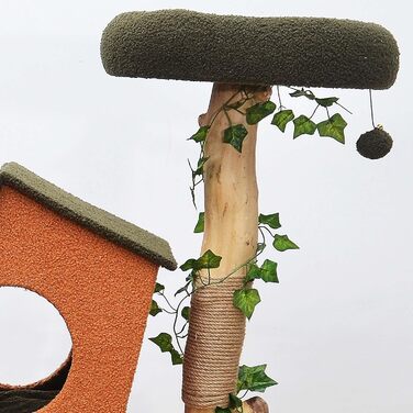 Котячий будиночок з когтеточкою Fudajo з рослинним декором, 154 см. Когтеточка з штучним хутром та деревом, будиночок для котів з іграшками, котячі меблі з платформами