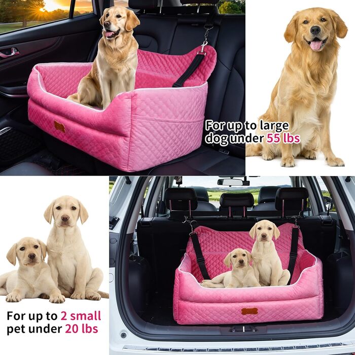 Автокрісло для собак великих та середніх порід – підйомник з memory foam для собак вагою до 25 кг або 2 маленьких собак, знімний та пральний лежак з товстим матрацом та кишенями для зберігання, Рожевий, Large Pink