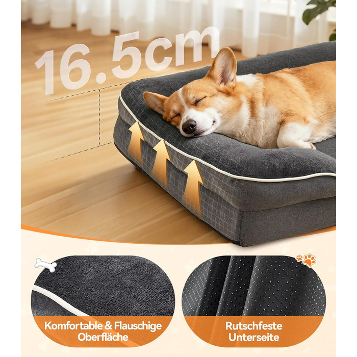 Ортопедичне ліжко для собак великих порід, м'яке, з неслизьким дном, дихаюче, сірого кольору, 89x64x17 см