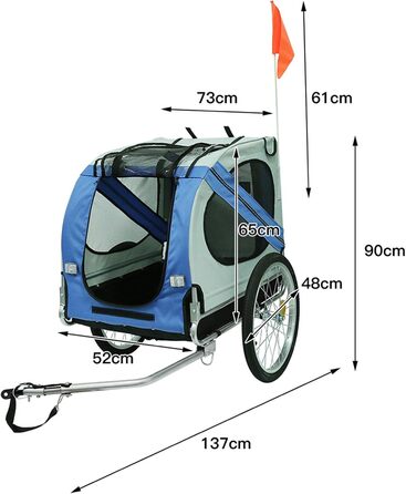 Складаний велопричіп для собак, Oxford-тканина, з ременем безпеки та прапорцем, 137*73*90см (блакитно-сірий)