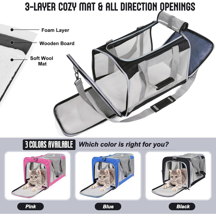 Транспортна сумка для великих котів (до 9 кг), складана переноска для котів/2 кошенят, м'які стінки, переноска для собак з надійним ремінним кріпленням, чорного кольору