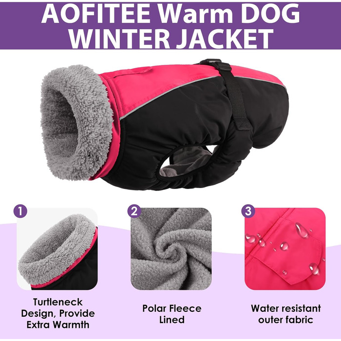 Теплий зимовий одяг для собак AOFITEE з отвором для повідка, водонепроникна куртка для собак, підходить для маленьких, середніх та великих собак, рожево-червоний