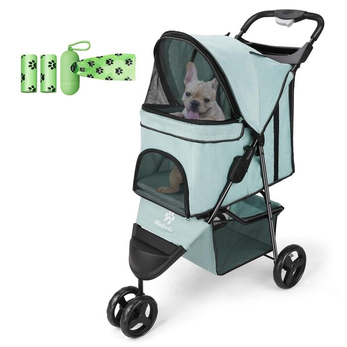 Дитяча коляска для тварин, складана, для котів/собак, з кошиком для зберігання та тримачем для напоїв, 3 колеса, для собак та котів, для маленьких або середніх собак, котів, цуценят (Блакитно-зелений)