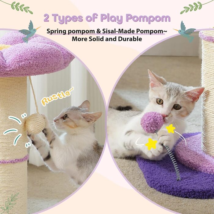 Котячий дряпак PAWZ Road Blume, високий, з товстою стійкою 14 см, знімне квіткове ліжко, іграшка з пір'ям, для домашніх котів, фіолетовий