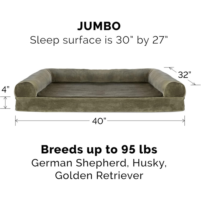 Ліжко для собак XL Furhaven з піною Memory Foam, велюрове та штучне хутро, диван-стиль, знімний та праний чохол, темно-зелене
