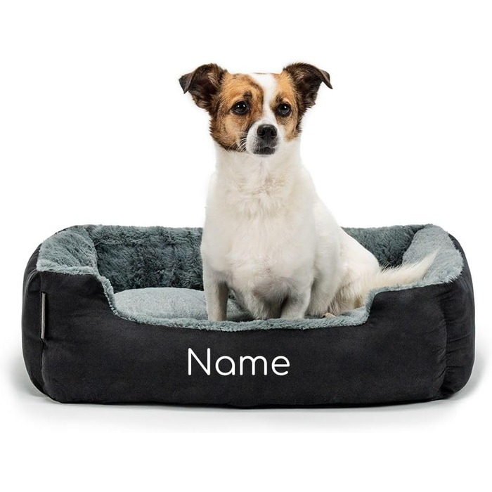 Килимок для собак Lionto з двостороннім подушками та неслизьким дном, міцний лежак для домашніх тварин з глибоким входом для собак та котів будь-якого віку, 50x37 см, м'який лежак для собак, (Д 60 x Ш 48 x В 18 см (з нанесенням імені), чорний/сірий)