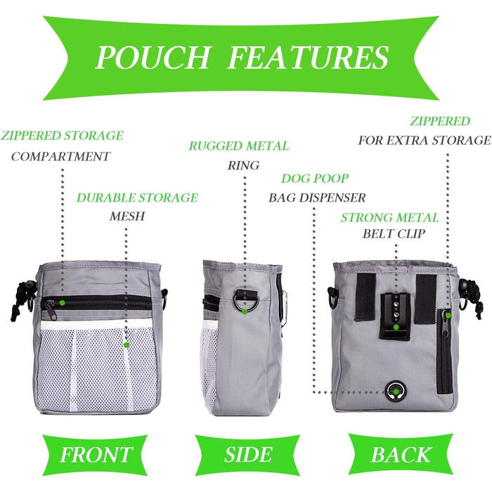 Сумка для ласощів STMK Leckerlibeutel для собак з поясом, 3 способи носіння, легка, іграшки, сухий корм, ласощі для собак, дресирування, для цуценят (сірий та чорний)