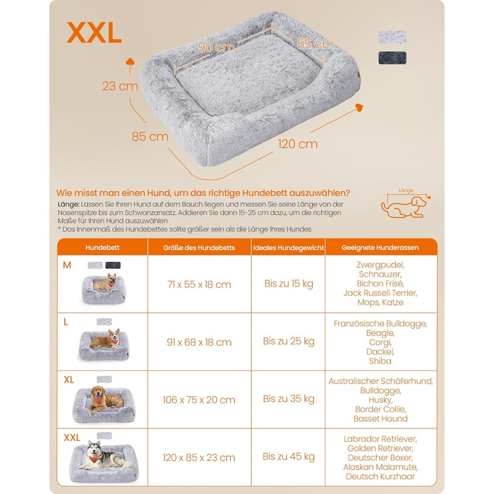 Feandrea Крісло-ліжко для собак, велике, 120 x 85 x 23 см, кошик для собак, м'яке ущільнення, собаче ліжко, підняті бортики, знімний та пральний чохол, нековзне, Ombré сірий PGW274GA01 XXL