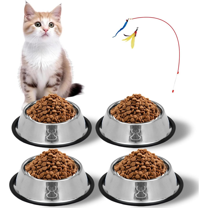 Набір мисок для котів 3 шт. + іграшка для кота, миски для годування котів, нержавіючі миски для котів, годівниця для котів, миска для води та їжі, для котів та маленьких собак (Блакитний + Зелений + Срібний) (Срібна 4 шт.)