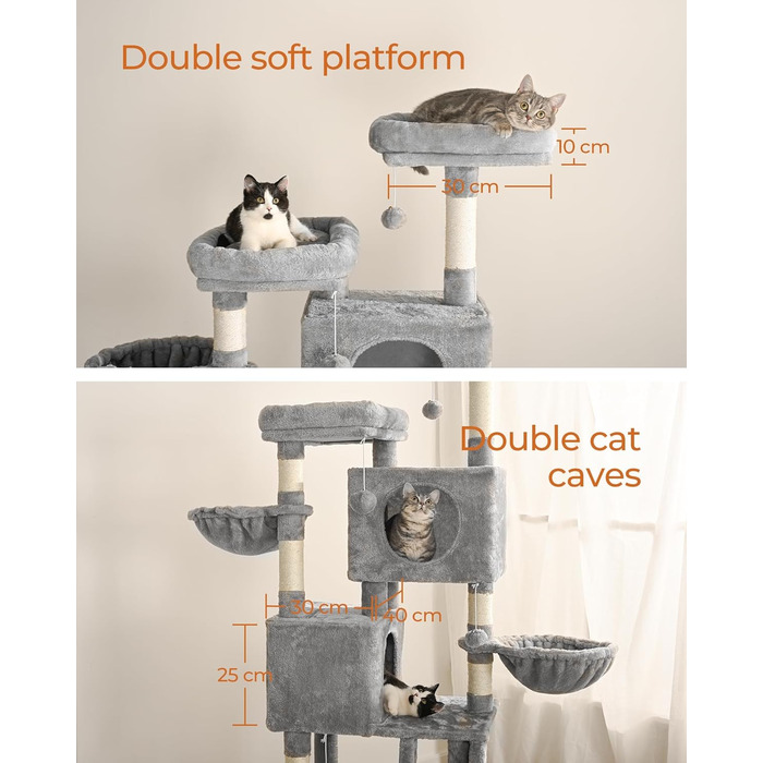 Котячий дряпак FourFurPets 160 см, з платформами, будиночками, кошиками, гамаком і іграшками, світло-сірий
