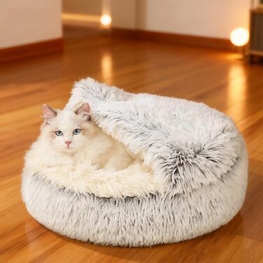 М'яке ліжко для домашніх тварин: ліжко для котів та собак, плюшеве, тепле, з капюшоном, антиковзаюче, сіре (65 см Ø)