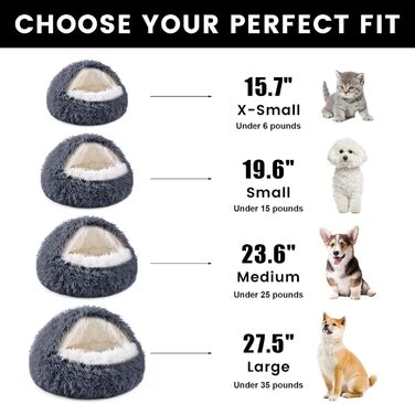 Кругле собаче ліжко NOYAL з капюшоном для маленьких та середніх тварин – плюшеве, м'яке, заспокійливе ліжко-печера для котів та собак (велике 70 см, сірий темно-сірий)