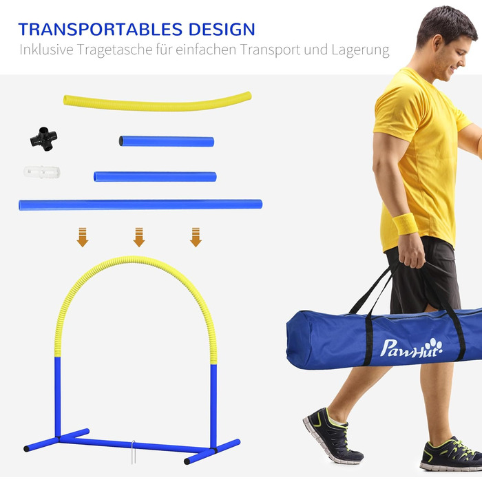 Agility-набір для собак PawHut, 4 предмети, для тренування літніх собак, з сумкою, синьо-жовтий, 88x64x95 см