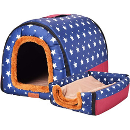 Портативне складане ліжко для собак та котів HONGBI, 2 в 1: будиночок та диван, блакитний колір з білим зірками, розмір 2XL