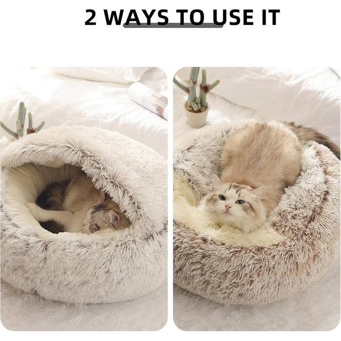 Кругла лежанка-будиночок для котів та собак, м'який плюш, з капюшоном, 60x60 см, колір кавовий