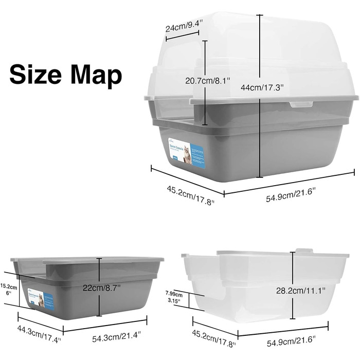 Petfamily 3-в-1 туалет для котів з кришкою, великий, сірий, XL 55×45×44 см, сучасний, для котів, кошенят, кроликів, гризунів, універсальний, зоотовари