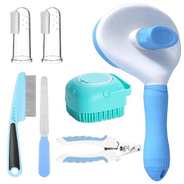 Набір для догляду за шерстю котів та собак: щітка, триммер для нігтів, пилка, гребінець від бліх, 2 зубні щітки для тварин, блакитний