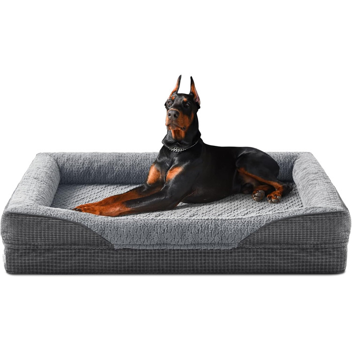 Ортопедичне ліжко для собак FURTIME, великі породи, XXL, Memory Foam, знімний чохол, антиковзаюче покриття, високий борт, 122 x 89 x 19 см, сірий