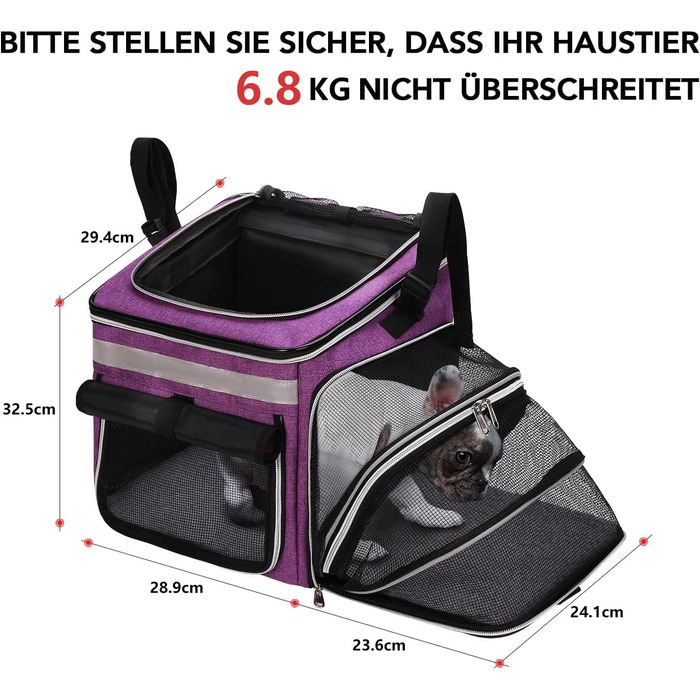 Сумка на велосипед для тварин (собаки, коти), рюкзак для домашніх улюбленців з сіткою, складана переноска для собак та котів до 6 кг (фіолетовий, 53 x 29 x 33 см)