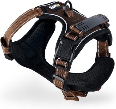 Шлейка для собак Ionto з відбиваючим матеріалом, м'яка, розмір M, коричнева, з двома кільцями та 4 ременями, з фіксаторами та гумовим ручним захопленням