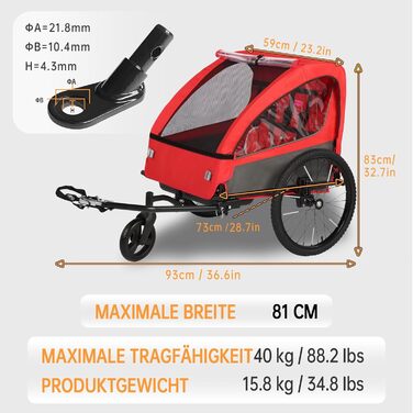 Дитячий велопричіп 2в1 з функцією візка та бігуна, амортизація, регульована ручка-штовхач та гальма, для 1-2 дітей до 40 кг (Червоний)
