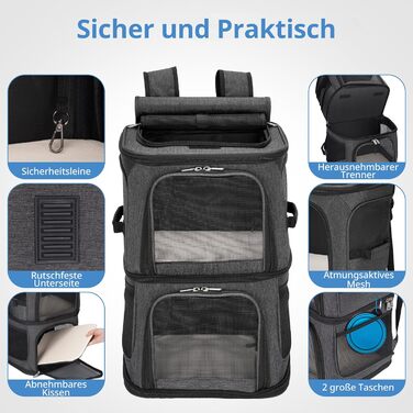 Рюкзак для котів та собак FASRIOU на 2 тварини до 12 кг, чорний, з матом та сіткою