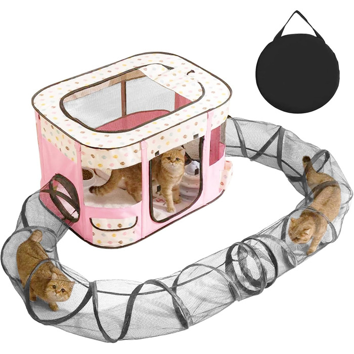 Клітка-забіг для цуценят, переносна огорожа для тварин, рожева клітка-забіг з тунелем (M)