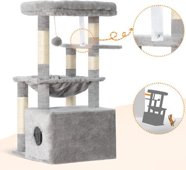 Котячий будиночок Heybly HCT008SW: міцний котячий будиночок з великим м'яким лежаком, місцем для сну та сизалевими стовпчиками для дряпання, сірий