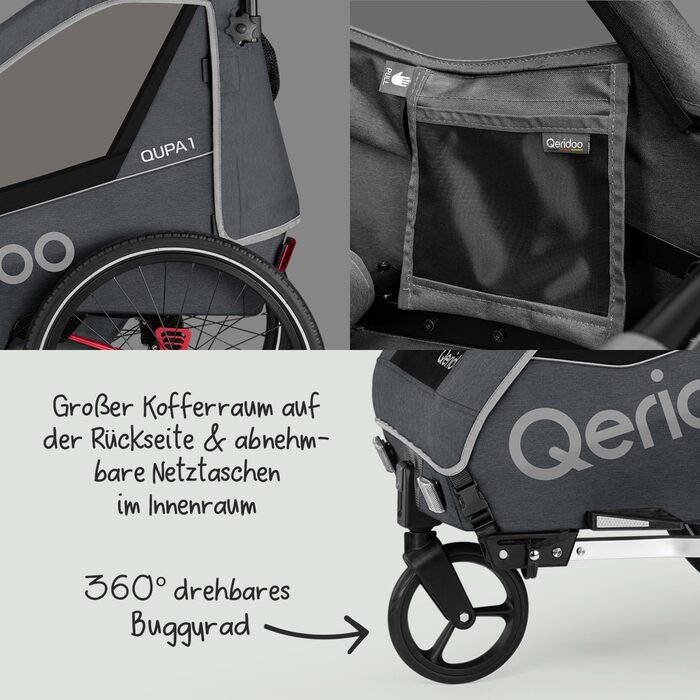 Причіп для велосипеда Qeridoo QUPA 1 з листковою підвіскою, складною кабіною, розширюваним сидінням, візок-причіп, регульована ручка, 5-точкова система ременів безпеки, для 1 дитини (Сірий)