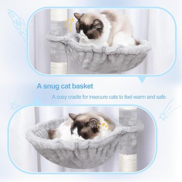 Дерев'яний комплекс для котів Hey-brother з розширеною частиною, широкими платформами, затишними печерами, гамаками, сизалевими стовпами та м'ячиком, 178 см, світло-сірий MPJ038W