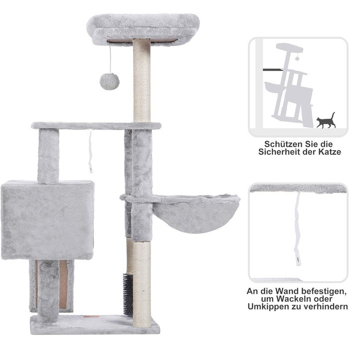 Котячий будиночок Heybly з котячою щіткою, котячий будиночок для домашніх котів з м'якою оксамитовою стійкою, котячий кігтеточки з кошиком, дряпалкою та кігтеточкою, HCT005SG (світло-сірий)