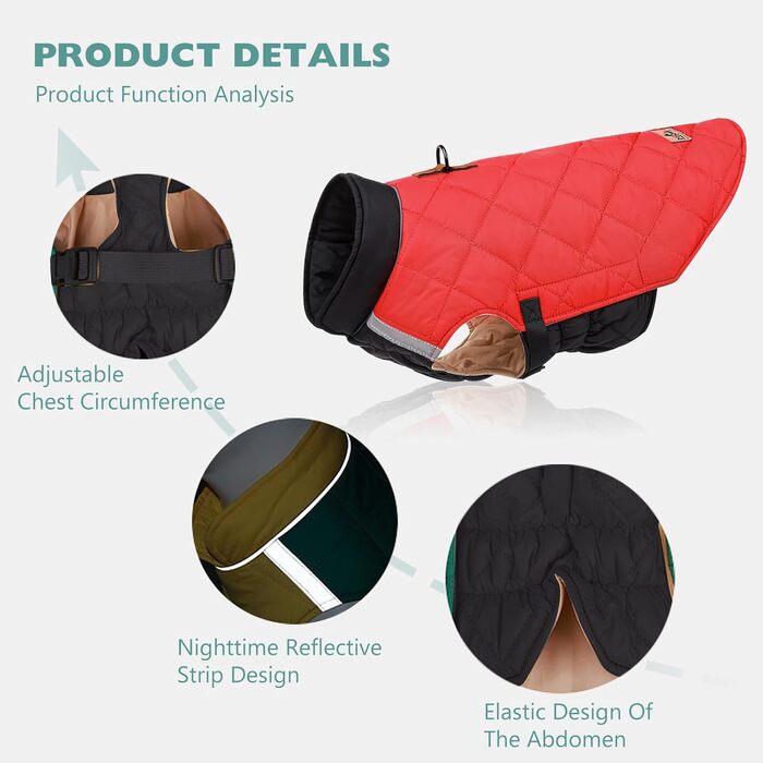 Водонепроникний нашийник для собак PETCUTE, зимова куртка для собак, захист від вітру, одяг для собак середнього та великого розміру, нашийник з безпечними світловідбиваючими смугами, дощовик для собак з отвором для шлейки (3XL, Червоний+Чорний)