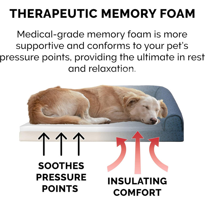 Ліжко для собак Furhaven великого розміру з ортопедичним матрацом, стиль дивана, знімний чохол, велике (135 x 102 x 24 см, блакитно-горіховий)
