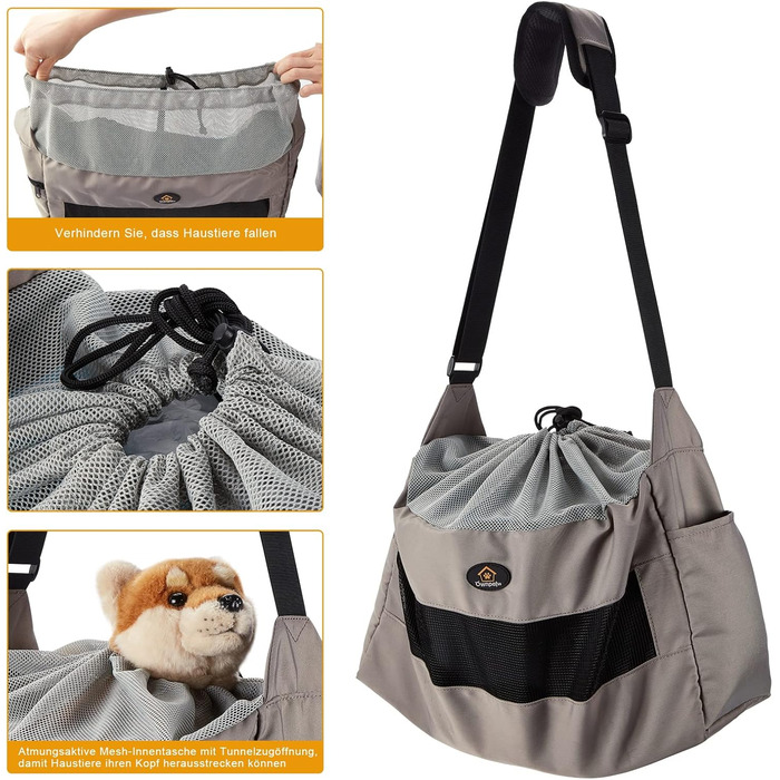 Сумка-переноска для собак Ownpets, сіра, до 6 кг, з регульованим ременем та кишенями, 42x25x14 см