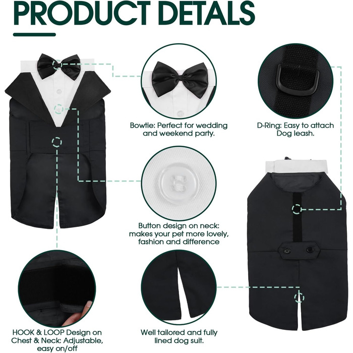 Костюм для собак Kuoser з банданою, теплий халат для собак з кріпленням для краватки, костюм для цуценят для собак, сорочка для вечірки на День народження, Хелловін, весілля, S-XXL, довжина спини M: 35 см, чорний