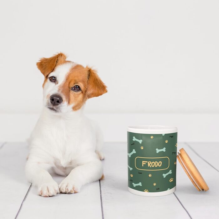 PICANOVA Скринька для ласощів з іменем - подарунок для собак - зберігання сухого корму - керамічна скринька для власників собак та котів - дизайн (Set Woof Love)