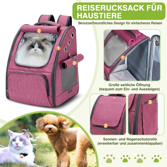 Рюкзак для котів та собак ALLSOPETS, складний, дихаючий, з сонцезахистом, для маленьких котів та собак. Ідеально для подорожей, кемпінгу та походів (Колір: Ягідний рожевий)