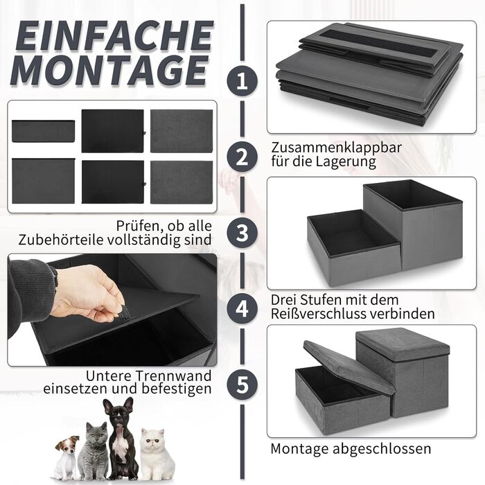 Сходинка для тварин OUUTMEE на 2 сходинки, складана, з місцем для зберігання, сірого кольору. Підходить для собак, котів, літніх тварин. Максимальне навантаження: 30 кг.