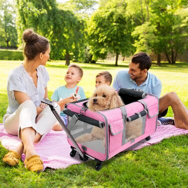 Транспортна сумка для котів PETCUTE з колесами, дихаюча переноска для 2 котів, складана переноска для собак з телескопічною ручкою, знімний килимок, ідеальна для подорожей (Рожева)