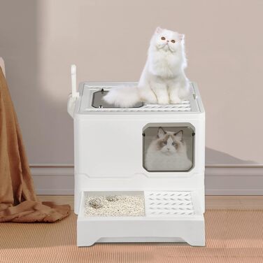 Туалет для котів з кришкою та лопаткою, висувний лоток, подвійний вхід, антивитік, білий, 45×35×38 см