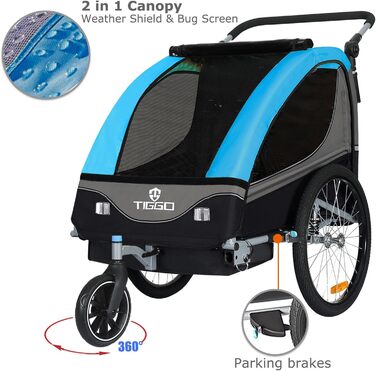 Причіп для дитячої коляски Tiggo S2 з підвіскою, 2-в-1, для бігу та велосипеда, причіп-трансформер, поворот на 360°, блакитний