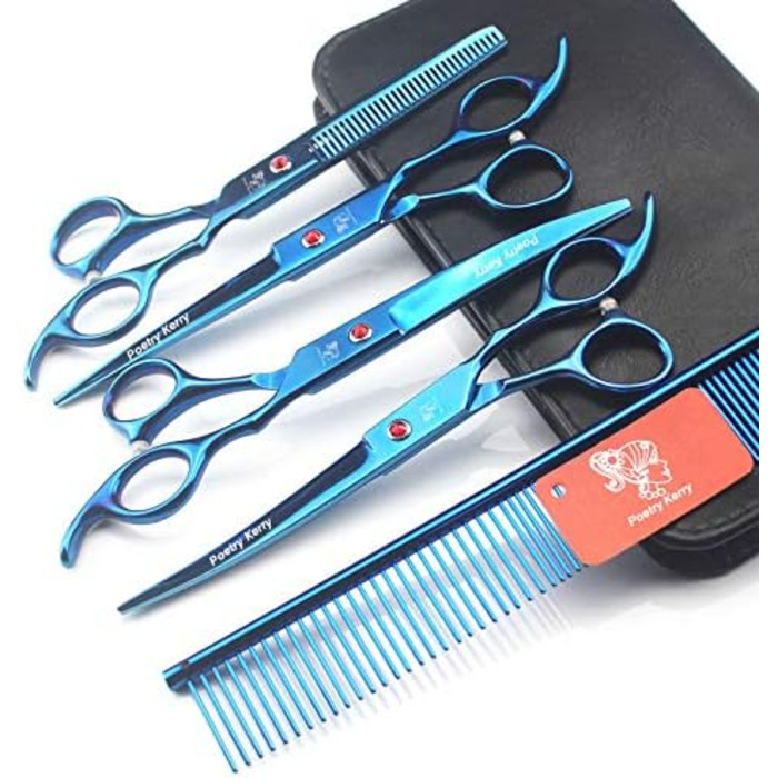 Набір для грумінгу тварин: 5 предметів. Тримерні ножиці для собак, котів та інших тварин. Набір містить: ножиці, витончувальні ножиці, вигнуті ножиці, гребінець для грумінгу, шкіряна сумка (блакитний)