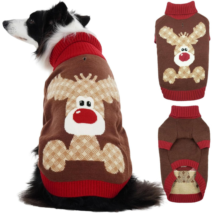 Теплий новорічний нашийник для собак - олень з мискою (XL, коричневий)