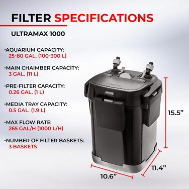 Фільтр каністровий Aquael ULTRAMAX 1000-15W для прісноводних та морських акваріумів, чорний