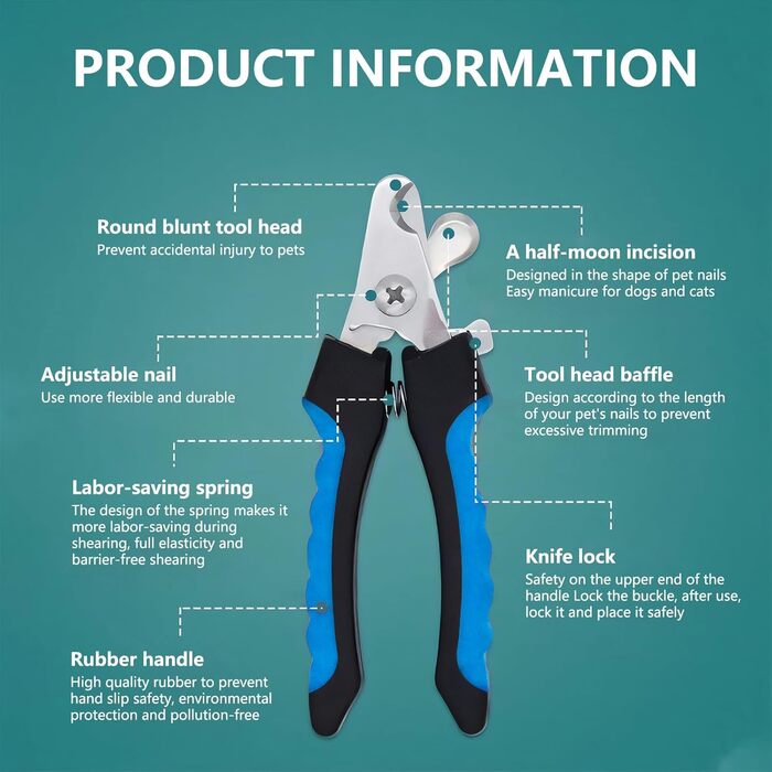 Набір для стрижки нігтів для собак та котів Jisong, з захистом від надмірного стриження, гостра клинка, блокування, безкоштовна пилка, великий розмір, професійні інструменти для грумінгу. Синій / Чорний