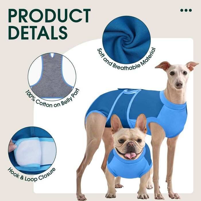 Захисний одяг для собак після операції Kuoser M – Дихаючий захисний костюм для сук та песиків, альтернатива електронному нашийнику, блакитний (34-41см;49-59см)